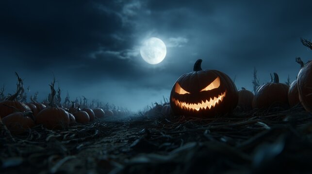 Spooky Halloween night with glowing jack-o'-lanterns and a full moon over a pumpkin patch