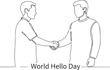 Two men shaking hands in a simple line drawing celebrating world hello day