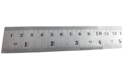 A long stainless steel ruler with dual scales: centimeters and inches. It features a hanging hole at the right end and clear numbers for precise measurements.
