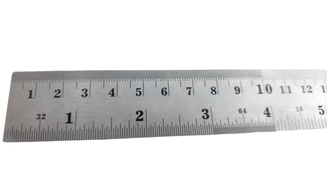 A long stainless steel ruler with dual scales: centimeters and inches. It features a hanging hole at the right end and clear numbers for precise measurements.