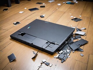 A severely damaged laptop with a shattered casing on a wooden floor, with pieces of its body and other devices scattered around it.