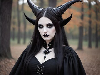 A mysterious gothic woman with horns and dark makeup in a misty forest.