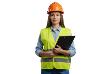 Female construction worker wearing safety vest and helmet holding clipboard