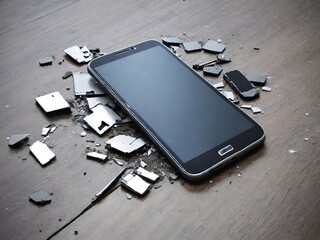 A damaged smartphone with a shattered glass back, lying on a wooden floor.