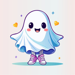 Cute cartoon ghost character wearing sneakers and smiling.