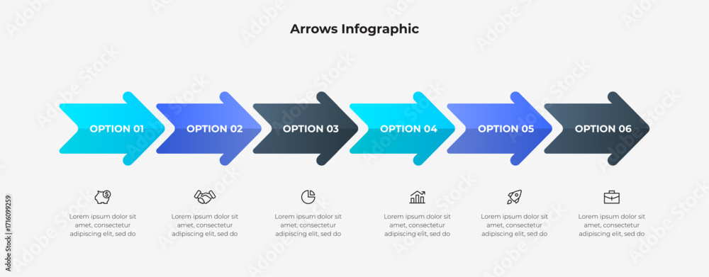 Poster colorful arrows infographic showcasing six connected sequential steps with text and minimal icons
