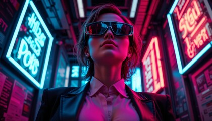 Obraz premium Low Angle of a Confident Woman in Glowing Neon