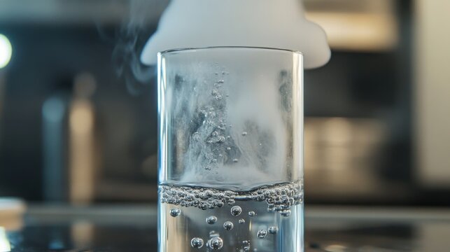 Condensed vapor action kitchen beverage indoor close-up science experiment