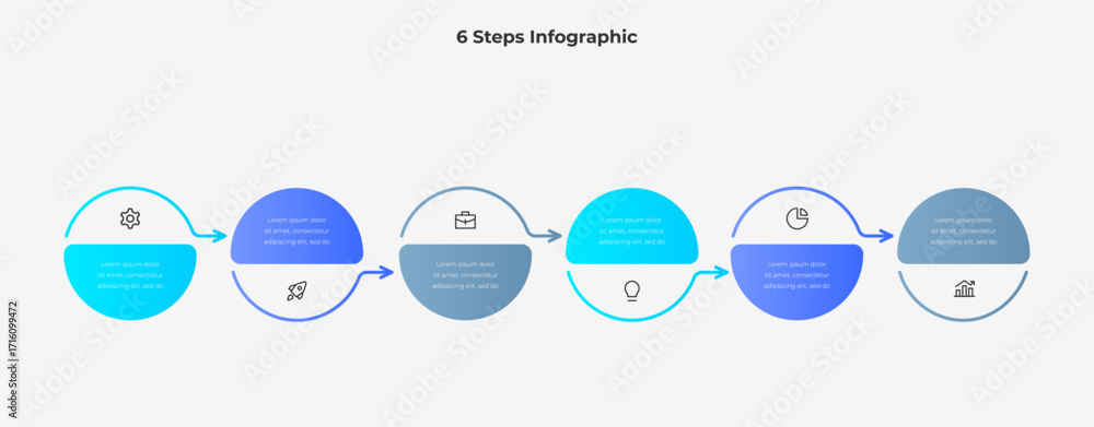 Poster abstract infographic design featuring six interconnected steps represented by circles in varying blu