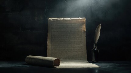 Historic manuscript and quill dimly lit studio still life dramatic ambiance close-up artistry of writing