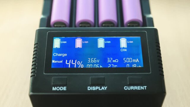 Electronic charger screen showing charging process of lithium ion batteries. Display indicates charge level, voltage, current and internal resistance during charging procedure.