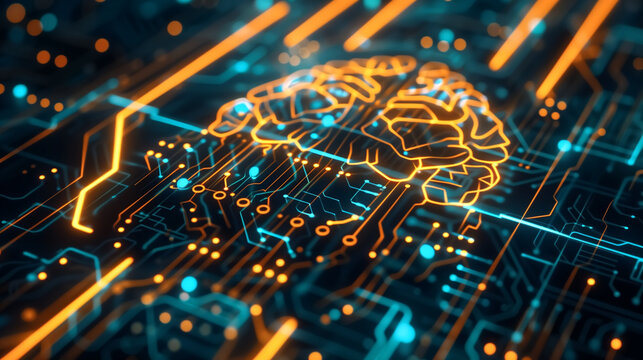 AI brain circuit glowing with wave function neon lines, PNG isol