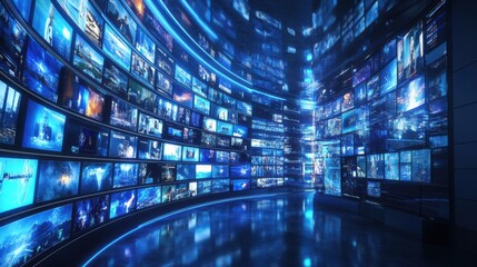 Dynamic digital media showcase virtual gallery interactive displays futuristic environment immersive experience