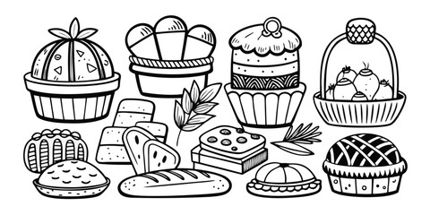 Delicious baking essentials collection hand drawn line art bakery pastry food