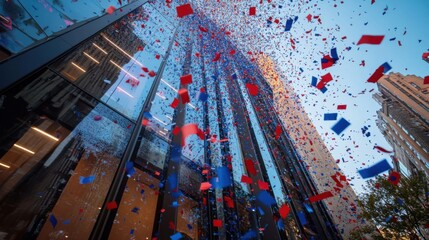 Celebration event showering confetti urban cityscape festive atmosphere daylight viewpoint joyous concept for seo impact
