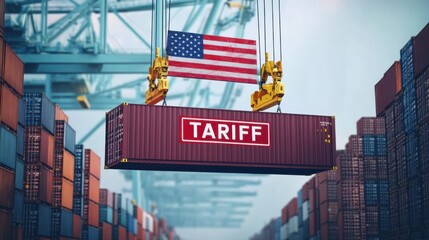 Tariff impact on trade shipping container at port industry context urban environment aerial viewpoint economic concept