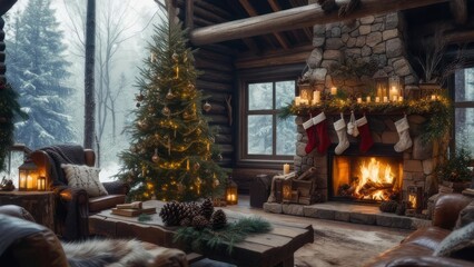 Cozy cabin interior with Christmas tree and fireplace