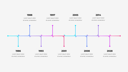 Interconnected timeline shows milestones across four decades, with bright gradient lines and year markers. Ideal for illustrating progress, growth, and key events