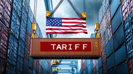 Trade tariffs impacting imports shipping yard digital imagery industrial environment aerial view economic policy