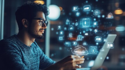 Man engaging with technology at night digital interface indoor setting modern workspace focused interaction