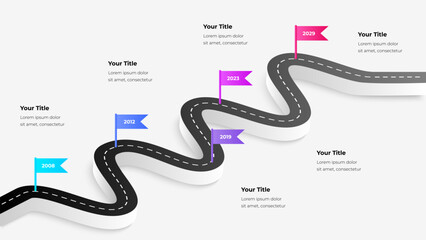 Road timeline infographic with colorful flags representing milestones over years. Perfect for business planning, scheduling, and progression visuals