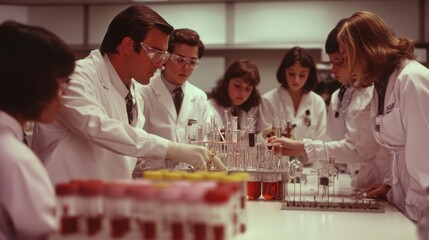 Scientific research team conducting experiments in laboratory scientific analysis professional environment collaborative atmosphere