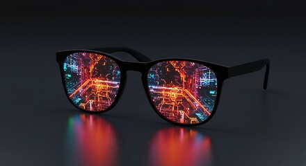 Sunglasses projecting neon digital reflections