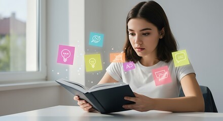 Student reading both book and glowing AR notes