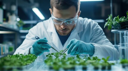 Researcher cultivating plants in laboratory science facility detailed study controlled environment focused perspective