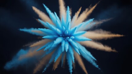 Explosive Artistry in Colors: A captivating display of colored powder erupts, forming a dynamic burst of blue and beige hues against a dark backdrop. A vivid visual experience of color and motion.