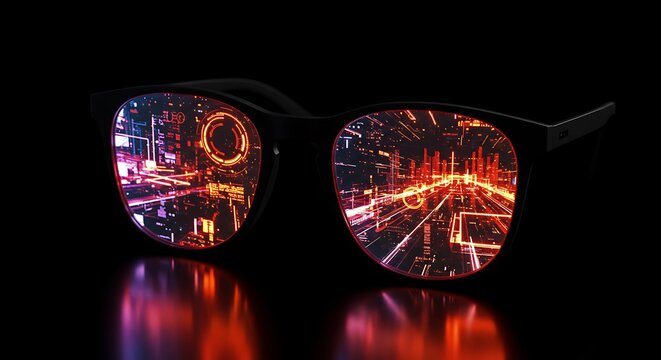 Sunglasses projecting neon digital reflections