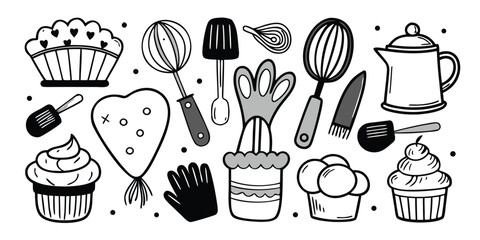 Essential baking tools and delicious treats hand-drawn style for your kitchen creations
