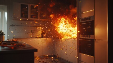 Kitchen fire incident domestic setting visual content chaotic environment dramatic viewpoint safety awareness