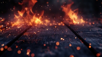 Dramatic flames erupting wooden surface abstract fire imagery dark atmosphere close-up intensity of destruction