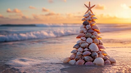 Seashell christmas tree beach sunset decorative art coastal environment tranquil viewpoint celebration concept