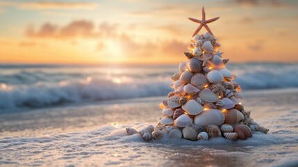 Festive seashell christmas tree beach sunset photography coastal scenic view holiday spirit