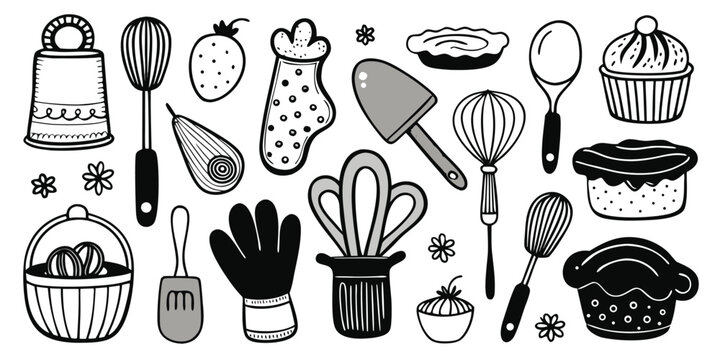 Collection of baking utensils and treats hand-drawn line art for culinary creations