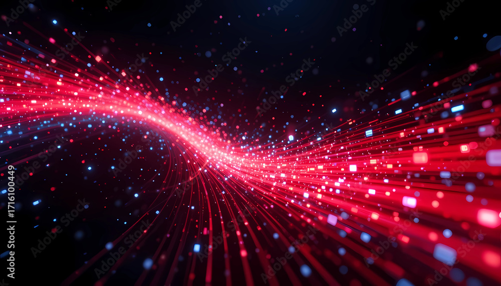 Poster abstract red and blue light streaks on a dark background, representing data flow and connectivity