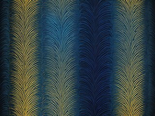 An abstract, textured pattern of vertical stripes with a feather or leaf motif in a gradient of blue and gold.