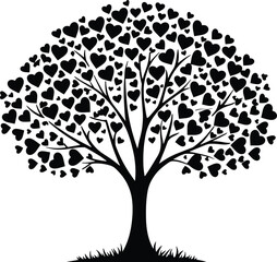 Heart leaf tree silhouette with thick trunk and grass base, love-themed vector illustration for nature design, emotional growth, graphic art © Creative Soul