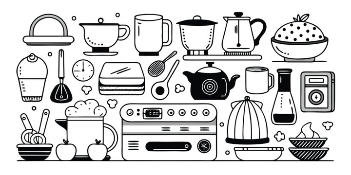 Diverse collection of kitchen utensils and appliances illustrated for baking and cooking enthusiasts