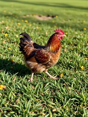 Fototapeta premium Majestic Rooster Strutting Through a Sunny Green Meadow: A Charming Countryside Scene with Copy Space