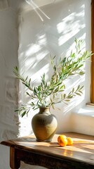 Rustic earthenware vase holding olive branches sitting alongside oranges near sunlit window, evoking warm Mediterranean ambiance on weathered wooden surface,Mediterranean ambiance