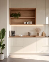 A contemporary cream-colored kitchen boasts warm wood accents and minimalist design.