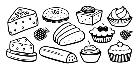 Delicious baked goods collection featuring cakes pastries and desserts in a sketchy style