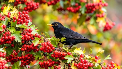 Fototapeta premium Blackbird amidst red berries