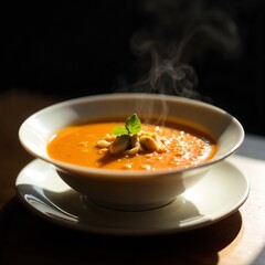  a bowl of luxurious chicken soup served in a five-star hotel as a starter before the main meal. Highlight its elegant presentation, rich aroma, delicate flavors, how it sets the tone for fine dining.