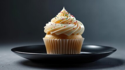 Cupcake with frosting and sprinkles on plate