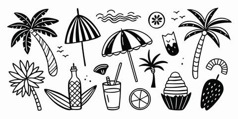 Whimsical hand-drawn summer beach elements tropical palm trees umbrellas and drinks set