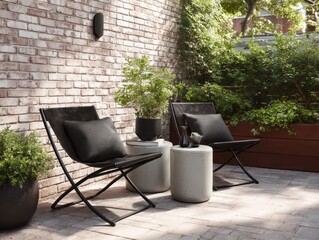Two stylish black outdoor chairs, accented with gray concrete side tables, sit in a sun-drenched courtyard, framed by a weathered brick wall and lush greenery.